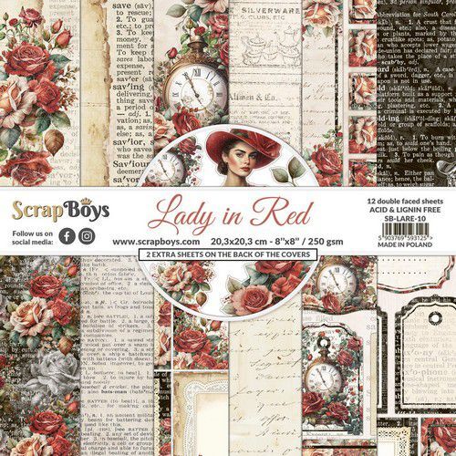 ScrapBoys Lady in Red paperpad 12 vl+cut out elements-DZ LARE-10 250gr 20,3x20,3cm (08-23)