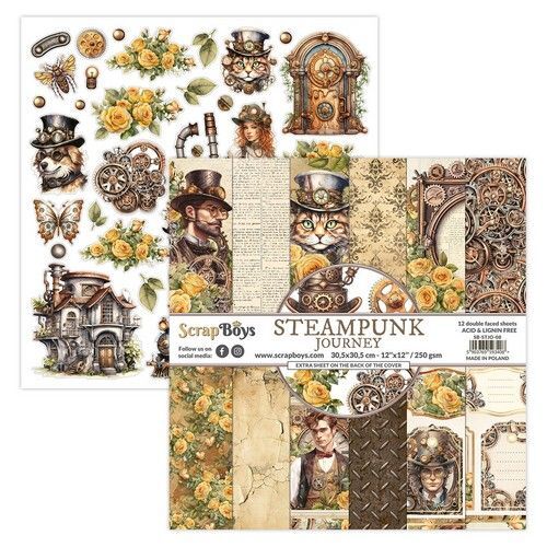 ScrapBoys Steampunk Journey paperset 12 vl+cut out elements-DZ STJO-08 250gr 30,5cmx30,5cm (11-23)