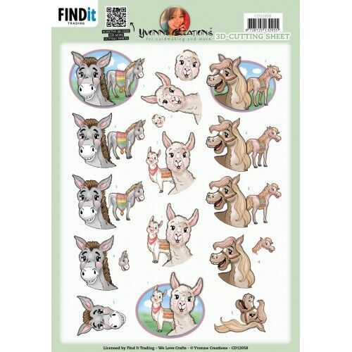 3D Cutting Sheet - Yvonne Creations - Lachende dieren: Ezel, Paard, Lama