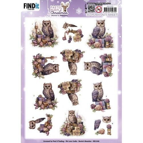 3D Pushout Sheet - Berries Beauties - Pastel Purple Christmas - Owl