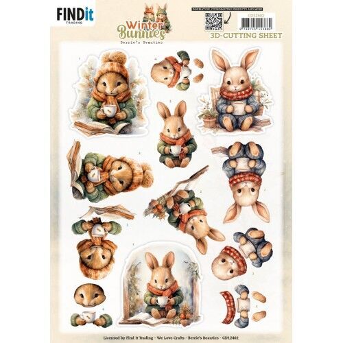 3D Cutting Sheet - Berries Beauties - Winter Bunnies - Drinking Bunnies