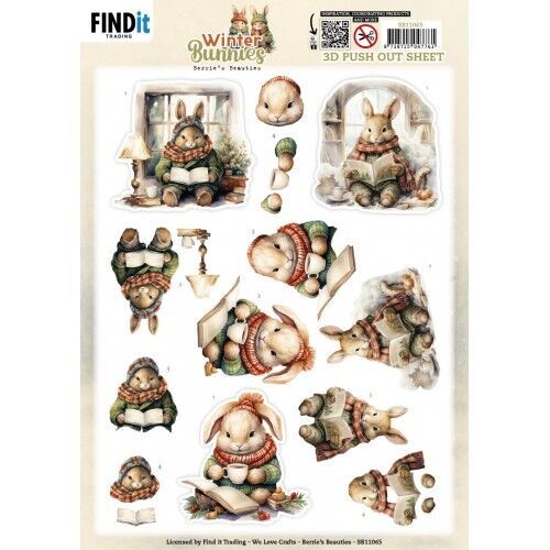 3D Pushout Sheet - Berries Beauties - Winter Bunnies - Reading Bunnies